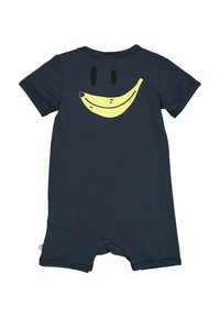 Námořnická modrá kombinéza s krátkým rukávem s velkým designem žlutého banánového úsměvu na zadní straně, vyrobená z měkké bavlny.