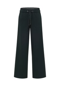 Pantaloni larghi verde scuro realizzati in tessuto morbido, con vita elasticizzata e cordino, caratterizzati da una texture liscia.