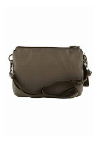 Sac bandoulière marron texturé avec une fermeture éclair, une sangle réglable et un motif discret, doté d'accents en métal argenté.