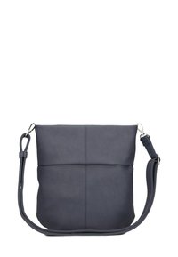 Borsa a spalla in pelle blu navy dal design piatto, con due sezioni esterne e una tracolla singola regolabile. Texture liscia e hardware minimale.