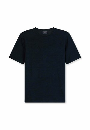 Zwart T-shirt met korte mouwen en ronde hals, plat gelegd op een witte achtergrond, frontzicht en label aan de binnenkant van de kraag zichtbaar.