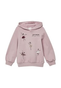 Jasnoróżowa bluza z kapturem o miękkiej fakturze, z czterema haftowanymi tancerzami baletowymi i napisem "ŻYCIE JEST LEPSZE, kiedy tańczysz" w kolorze czarnym.