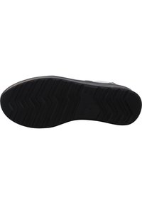 Schwarze Sneaker-Außensohle mit einem strukturierten, Zickzack-Profil. Verfügt über eine glatte Gummi-Oberfläche und einen verstärkten Bereich an der Zehe für Langlebigkeit.