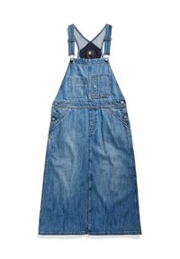 Džínová šatová kombinéza v prostředně modré. Obsahuje nastavitelné ramínka, přední kapsu a boční knoflíky. Rozšířený design s mírně texturovanou tkaninou.
