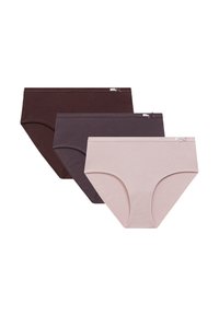 Trzy pary majtek damskich w ciemnym brązie, ciemnym szarości i jasnym różu, wykonane z bawełnianego materiału; charakteryzują się gładką teksturą i minimalistycznym designem z małymi akcentami.