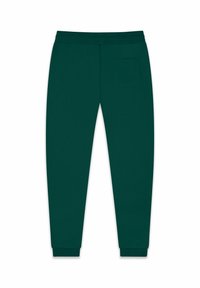 Grønne joggebukser med en glatt tekstur, elastisk midje og en enkelt baklomme. Ribbekanter ved ankler gir en tettsittende fasong.