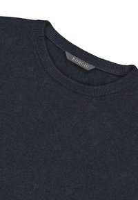Granatowy sweter z okrągłym dekoltem, wykonany z miękkiej tkaniny, z prążkowanym wykończeniem na kołnierzu. Posiada metkę z nazwą marki "BORGIO."