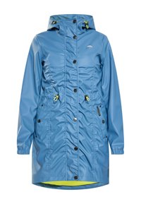 Ljusblå vattentät jacka med huva, tryckknappar, dragsko-detaljer och elastiska ärmslut. Har en kontrasterande gul inredning.