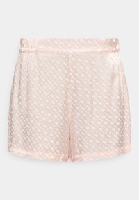 Ροζ σατέν σορτς με διακριτικό γεωμετρικό μοτίβο, ελαστική μέση και λεία, γυαλιστερή υφή.