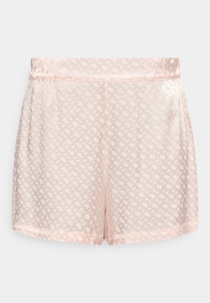 Ροζ σατέν σορτς με διακριτικό γεωμετρικό μοτίβο, ελαστική μέση και λεία, γυαλιστερή υφή.