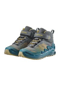 Scarpe Lowa a bassa apertura in grigio scuro e teal, con tomaia testurizzata e accenti gialli, punta rinforzata e suola robusta per una buona aderenza.