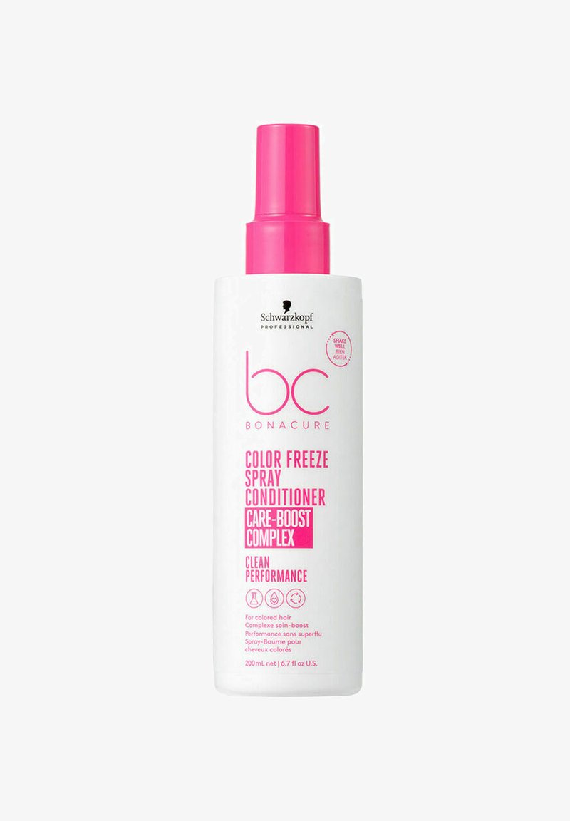 White spray bottle with a pink spray nozzle, labeled "BC Bonacure Color Freeze Spray Conditioner." Features plain design and 200 mL capacity.