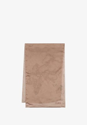 Certo sciarpa di seta beige chiaro con un delicato design della mappa del mondo, caratterizzata da una texture liscia e bordi rifiniti. L'etichetta riporta "T'Classé" in un angolo.