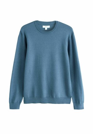 Sinine ümar kaelus-sviiter, pehme tekstuur, soonilised varrukad ja ääred, kerge kangas, mugav disain, ilma nähtavate mustrite või aksessuaarideta.
