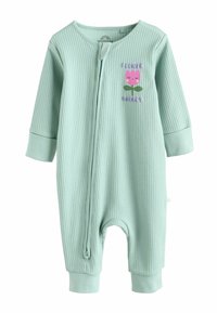 Body de bebe de culoare verde deschis, cu maneci lungi, fermoar in fata si design brodat "Piața Florilor" cu o floare roz.