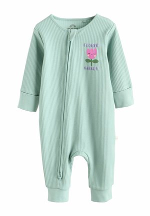 Hellgrüner, geripptes Baby-Overall mit langen Ärmeln, Frontreißverschluss und besticktem "Blumenmarkt"-Design mit einer rosa Blume.