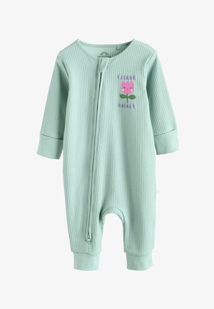 Lichtgroene geribbelde babyromper met lange mouwen, vooraan met ritsluiting en geborduurde "Flower Market"-ontwerp met een roze bloem.
