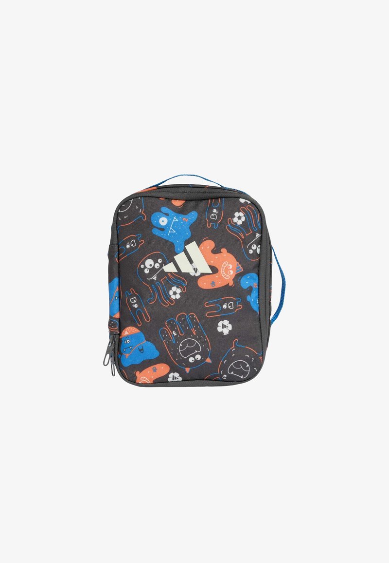 Black fabric bag with colorful cartoon character patterns in blue, orange, and white; features a top handle and a zip closure.