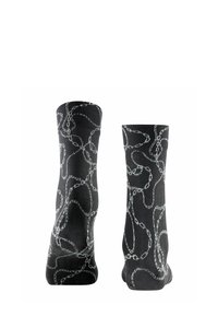 Czarne skarpetki z wzorem łańcucha w odcieniach szarości. Projekt przedstawia połączone ze sobą łańcuchy rozmieszczone na całej powierzchni materiału. Miękki, elastyczny materiał.
