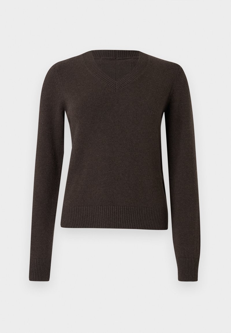 V-neck sweater in dark brown, made of soft knit fabric. Long sleeves with ribbed cuffs and hem, smooth texture, simple design.