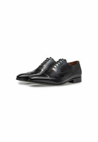 Schwarze Lederschuhe mit spitzem Zeh, Schnürdesign, glatter Textur, minimaler Nähte und niedrigem Absatz.