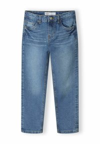 Jean en denim bleu clair avec une coupe droite, cinq poches, des détails délavés et une fermeture à bouton à la taille.