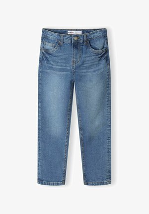 Světle modré džíny z denimu s rovnými nohavicemi, pěti kapsami, s vybledlými detaily a zapínáním na knoflík v pase.