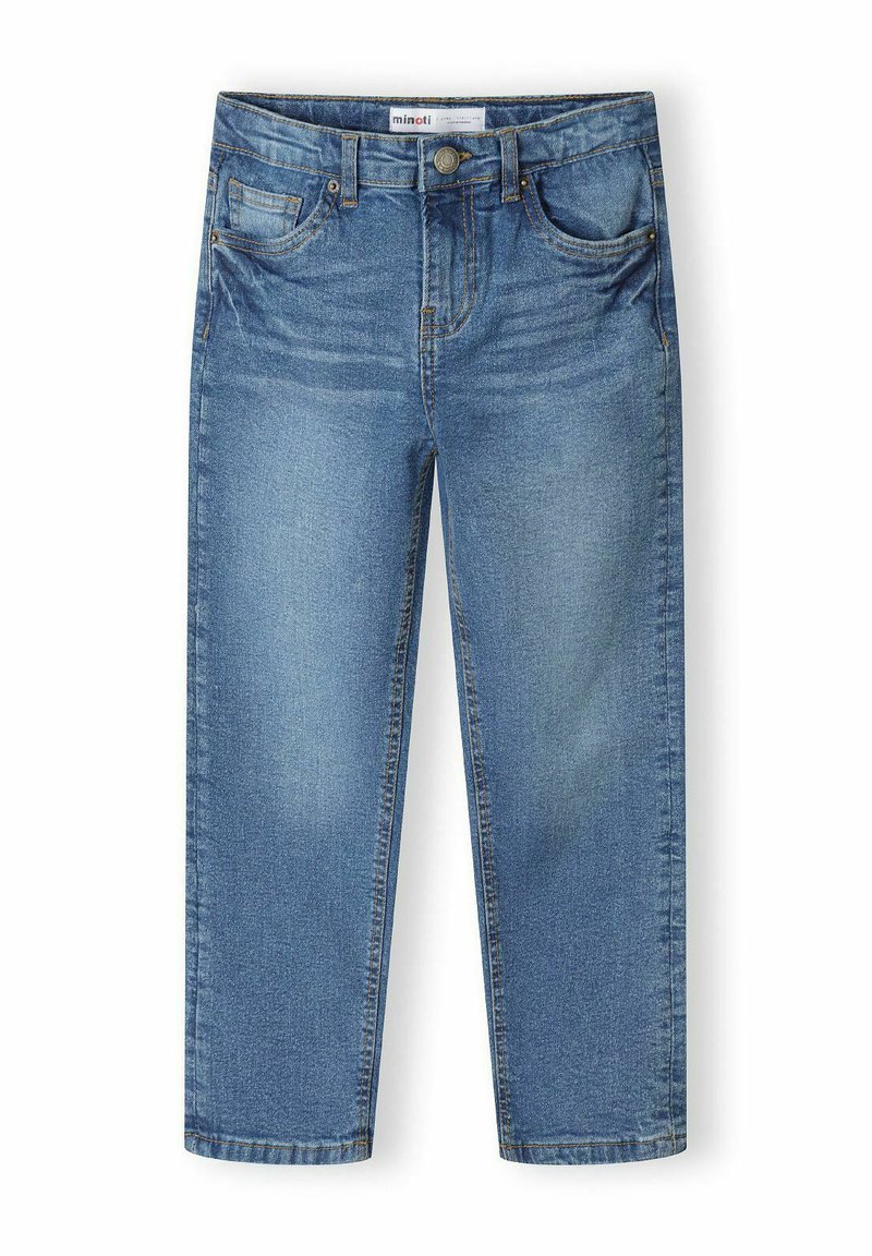 Jeans de denim azul claro con un diseño de pierna recta, cinco bolsillos, detalles desgastados y un cierre de botón en la cintura.