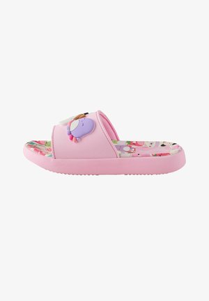 Sandale à glissière rose taille enfant avec une décoration de crabe cartoon coloré sur la bride et un imprimé animal multicolore sur la semelle intérieure.