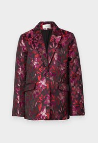 Blazer floreale in viola scuro e rosso, caratterizzato da una texture setosa, reverse a punta, tasche frontali e chiusura con un solo bottone.