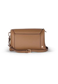 Braune, strukturierte Leder-Crossbody-Tasche mit einem umklappbaren Klappdeckel, verstellbarem Trageriemen und goldfarbener Hardware. Kompakte rechteckige Form.
