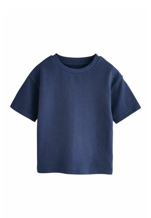 Navy blue cotton t-shirt with short sleeves, crew neck, and a smooth texture. Simple, straight cut, no patterns or additional accents.