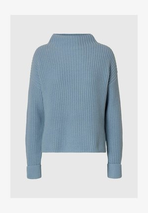 Svetra svetlo modre barve z rebrasto teksturo, s podaljšanim ovratnikom, spušenimi rameni in oprijetimi manšetami. Mehka tekstura in sproščen oblikovan skrajšan dizajn.