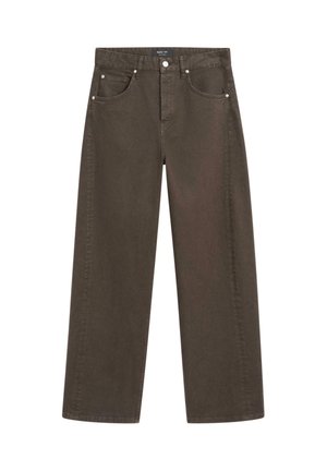 Brązowe jeansy o szerokich nogawkach, wykonane z bawełny, z pięcioma kieszeniami, zapięciem na guzik oraz subtelnymi przeszyciami na szwach.