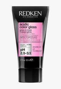 Tube en plastique noir avec une étiquette rose, portant le texte "gloss acidique coloré". Contient 50 mL. Met en avant un pH de 2,5 à 3,1 et une technologie avancée.