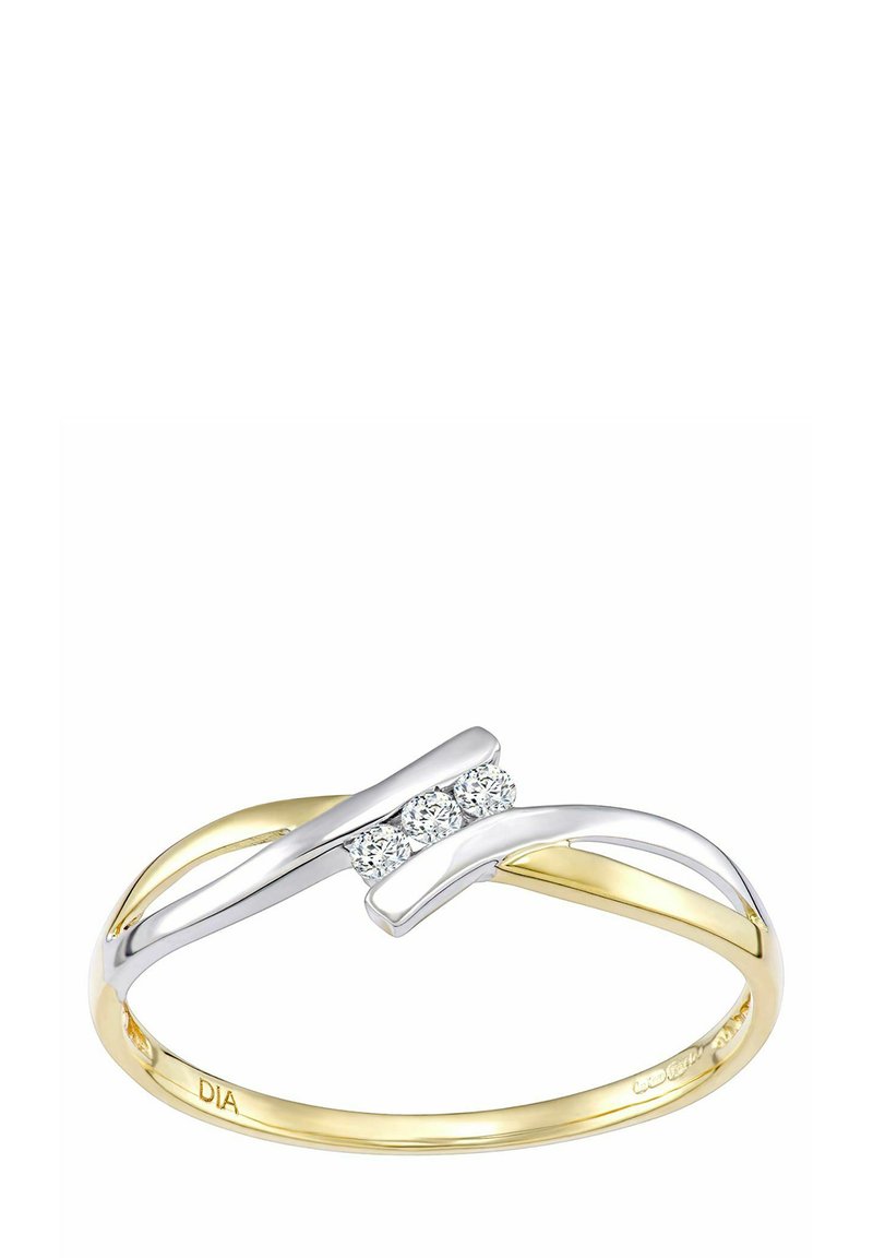 Aukso ir sidabro žiedas su glotniu, kreivu dizainu, kuriame yra trys maži brangakmeniai, įkomponuoti viršuje, pabrėžiantys šiuolaikišką ir elegantišką išvaizdą.