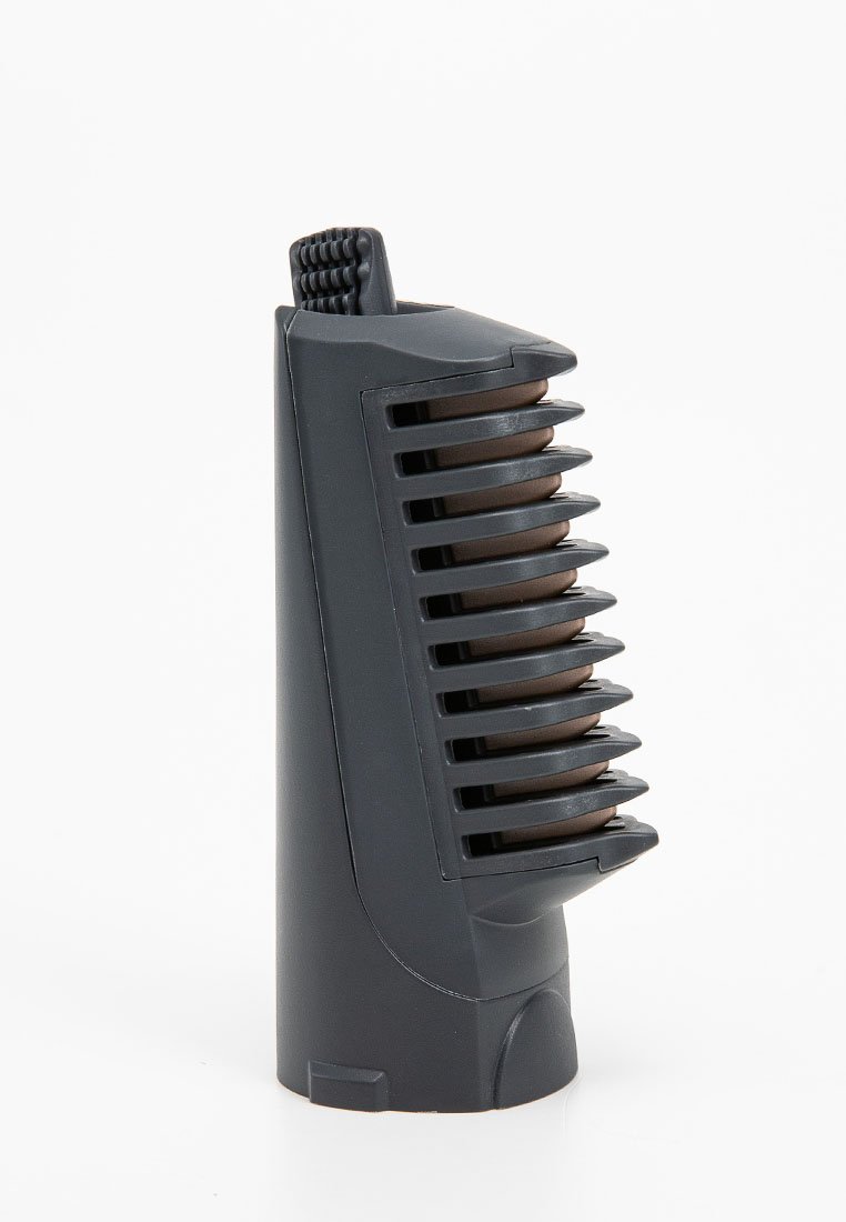 Haarschneider-Aufsatz aus dunkelgrauem Kunststoff mit einem kammartigen Design, das eine verstellbare Längeneinstellung und horizontale Rillen für einen besseren Griff aufweist.