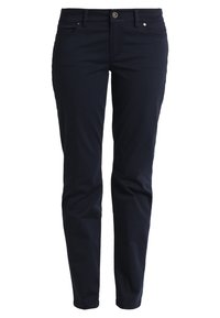 Granatowe spodnie slim fit wykonane z mieszanki bawełny, z zapięciem na guzik, pięcioma kieszeniami i gładką teksturą bez wzorów.