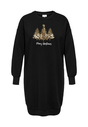 Zwarte lange mouwen jurk met gouden paillettengevonden kerstbomen en de tekst "Vrolijk Kerstfeest" in het midden op de voorkant.