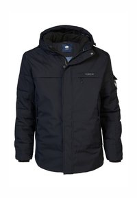 Gepolsterte schwarze Jacke mit Kapuze, Reißverschluss und mehreren Taschen. Sie verfügt über eine glatte Außenfläche und ein weiches, gefüttertes Innenfutter für zusätzliche Wärme.