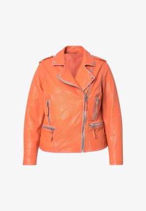 Veste en cuir orange de biker au design ajusté, avec fermeture zippée asymétrique et poches zippées. Elle présente des accents en métal argenté.