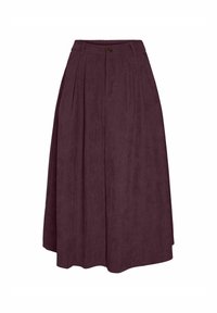 Tumman viininpunainen hame, joka on valmistettu pehmeästä kankaasta. Hameessa on laskostettu muotoilu, vyötärö, jossa on nappikiinnitys, sekä A-linjainen siluetti.