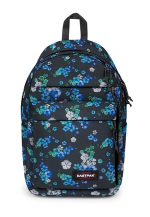 Musta reppu, jossa sininen, vihreä ja valkoinen kukkakuosi, etutasku vetoketjulla ja yläpäässä kantokahva, brändättynä Eastpak-logolla.