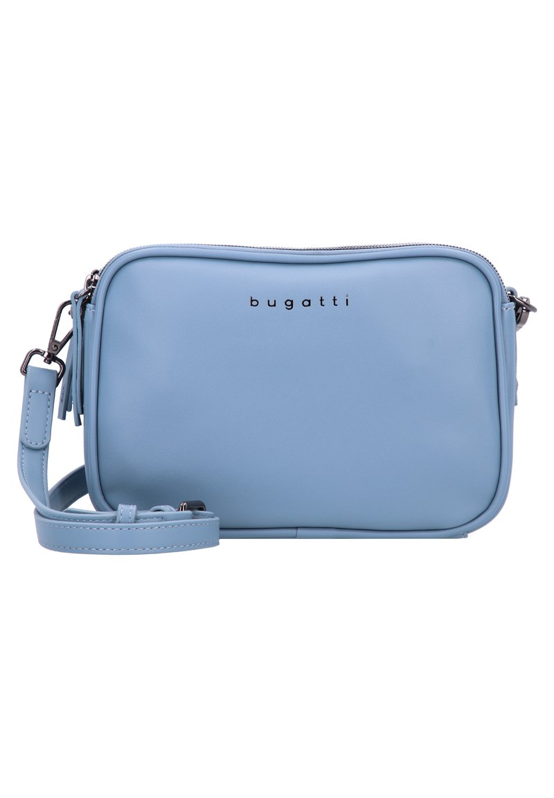 Borsa a tracolla azzurro chiaro in pelle liscia con chiusura a zip, dotata di tracolla removibile e con il nome del marchio "bugatti" impresso sul fronte.