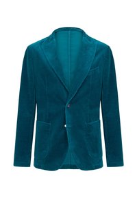 Teal corduroy bleiseri, jossa on kauluksessa sakara, kaksi etutaskua, nappikiinnitys ja sileä vuori. Pehmeä rakenne ja jämäkkä muoto.
