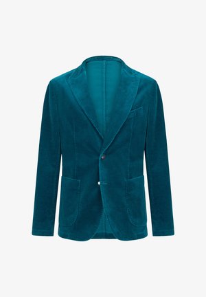 Teal corduroy blazer with a notch lapel, two front pockets, single-button closure, and a smooth inner lining. Soft texture and structured shape.