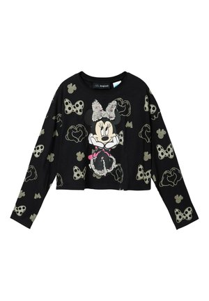 Czarny krótki top z długim rękawem z grafiką postaci z kokardą ozdobioną cekinami, nadrukowany różnymi wzorami kokardek i myszy.