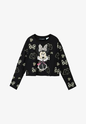 Zwart cropped top met lange mouwen, voorzien van een afbeelding van een personage met een strikje met paillettenaccent, bedrukt met diverse strik- en muisontwerpen.