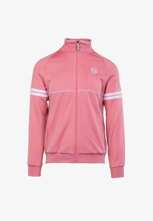 Roze ritsjack gemaakt van zacht materiaal. Heeft een hoge kraag, witte strepen over de borst en mouwen, en zijzakken.