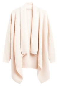 Cardigan rose clair texturé avec devant ouvert, manches longues et ourlet drapé. Tissu en maille côtelée pour la chaleur et le confort.